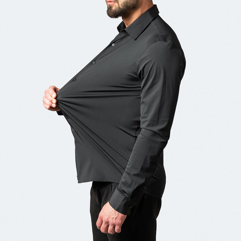 Camisa de vestir elástica para hombre de manga larga sin plancha corte regular
